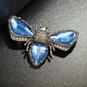 Vintage Sapphire Gem Insect Brooch — Silver Tone